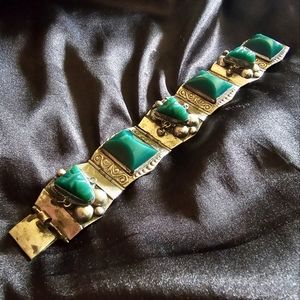 Mexican alpaca silver and green jade chunky tribal mask Aztec boho bracelet